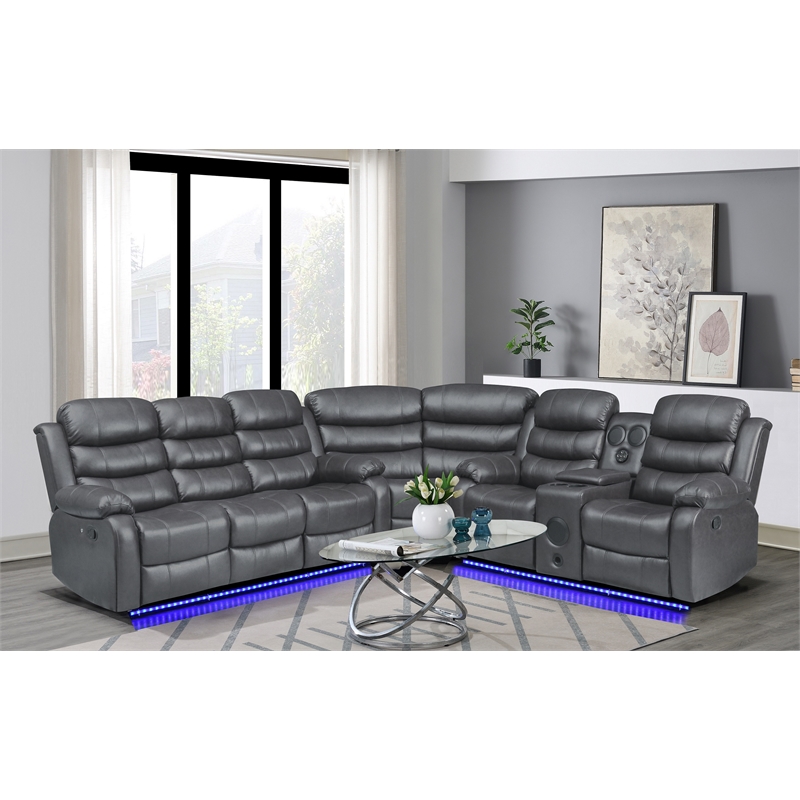 Bowery Hill Faux Leather Gray Sectional Rectangular LED Reclining 110