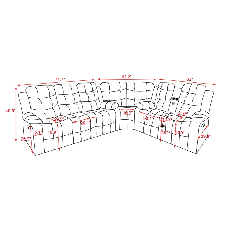 Bowery Hill Faux Leather Gray Sectional Rectangular LED Reclining 110