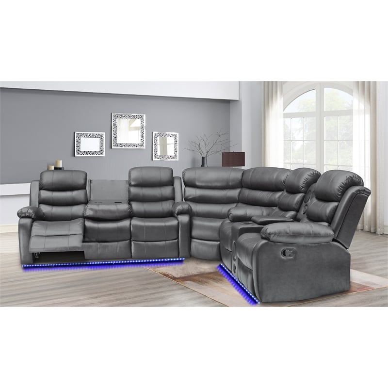 Bowery Hill Faux Leather Gray Sectional Rectangular LED Reclining 110