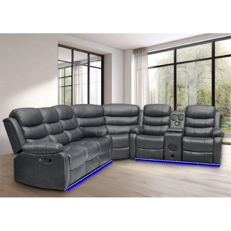 Bowery Hill Faux Leather Gray Sectional Rectangular LED Reclining 110