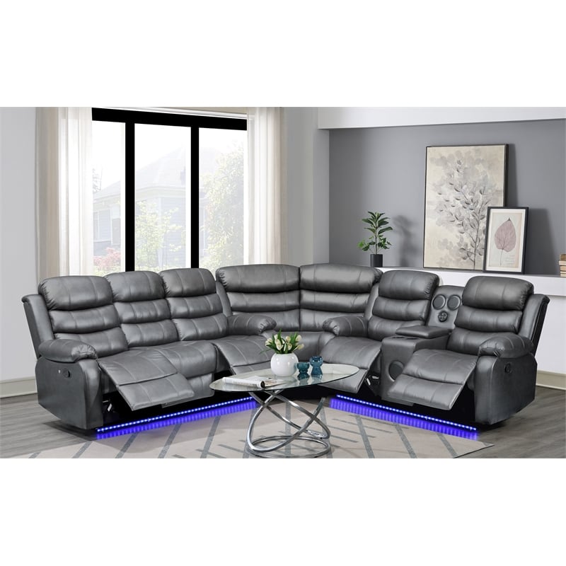Bowery Hill Faux Leather Gray Sectional Rectangular LED Reclining 110