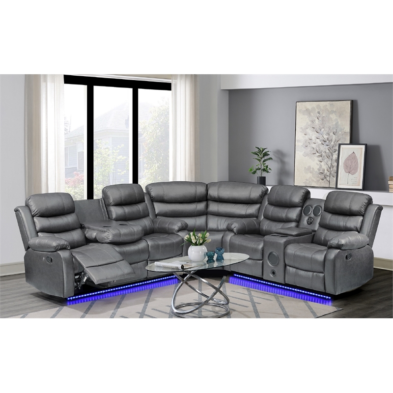 Bowery Hill Faux Leather Gray Sectional Rectangular LED Reclining 110