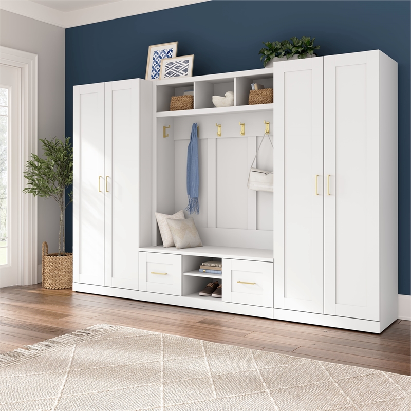 Bowery Hill 30W Tall Storage Cabinet with Doors in White Engineered Wood