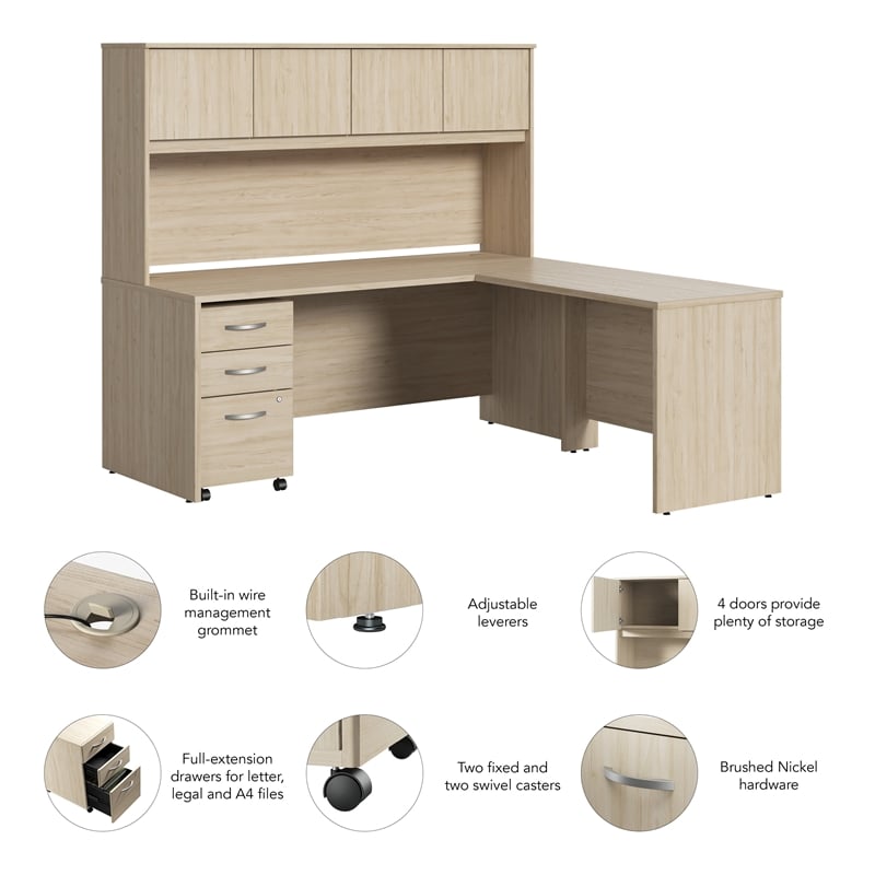 Bowery Hill L Shaped Desk with Hutch & Drawers in Natural Elm - Engineered Wood