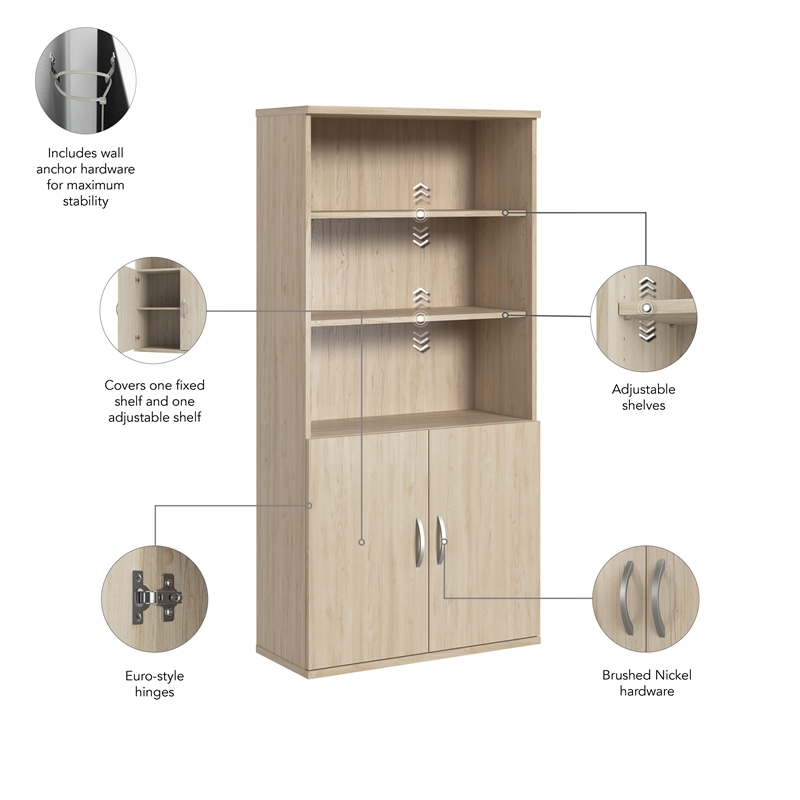 Bowery Hill Tall 5 Shelf Bookcase with Doors in Natural Elm - Engineered Wood