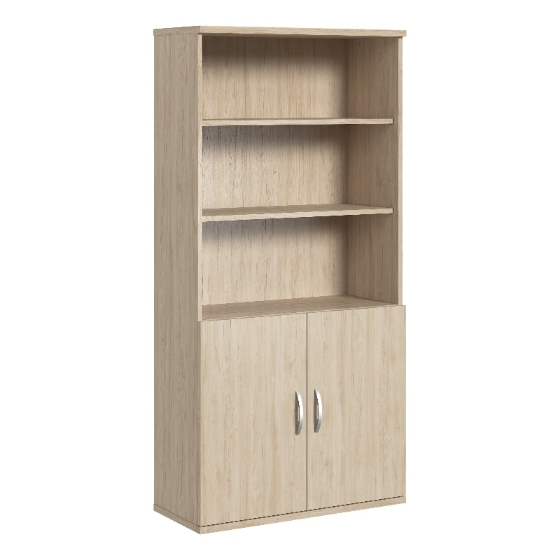 Bowery Hill Tall 5 Shelf Bookcase with Doors in Natural Elm - Engineered Wood