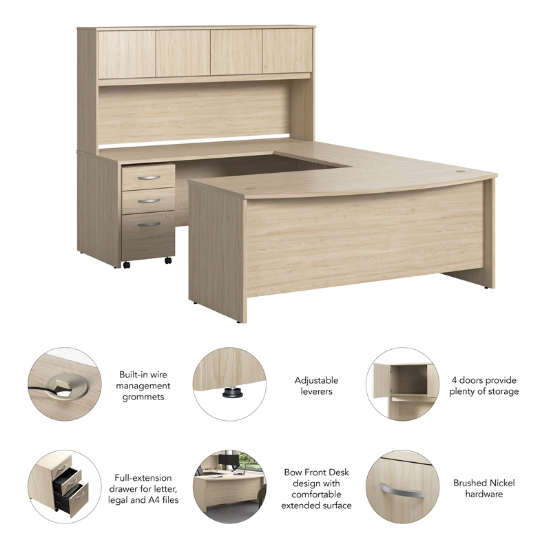 Bowery Hill U Shaped Desk with Hutch & Drawers in Natural Elm - Engineered Wood