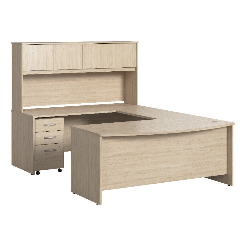 Bowery Hill U Shaped Desk with Hutch & Drawers in Natural Elm - Engineered Wood