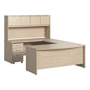 Bowery Hill U Shaped Desk with Hutch & Drawers in Natural Elm - Engineered Wood