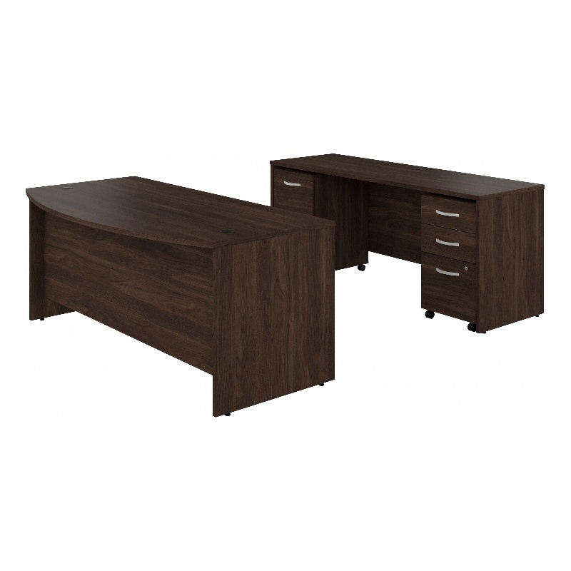 Bowery Hill 72W Desk Set with File Cabinets in Black Walnut - Engineered Wood