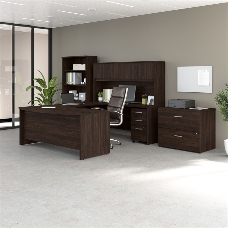 Bowery Hill 72W U Desk with Hutch and Storage in Black Walnut - Engineered Wood