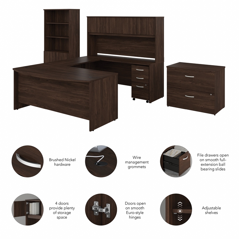 Bowery Hill 72W U Desk with Hutch and Storage in Black Walnut - Engineered Wood