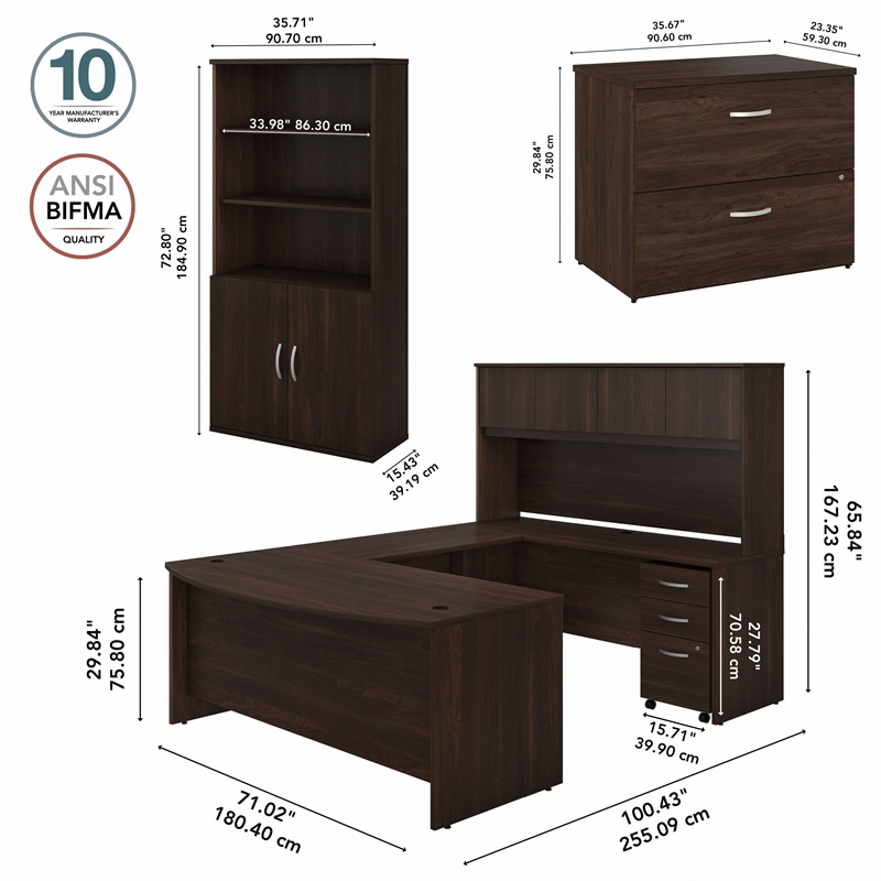 Bowery Hill 72W U Desk with Hutch and Storage in Black Walnut - Engineered Wood