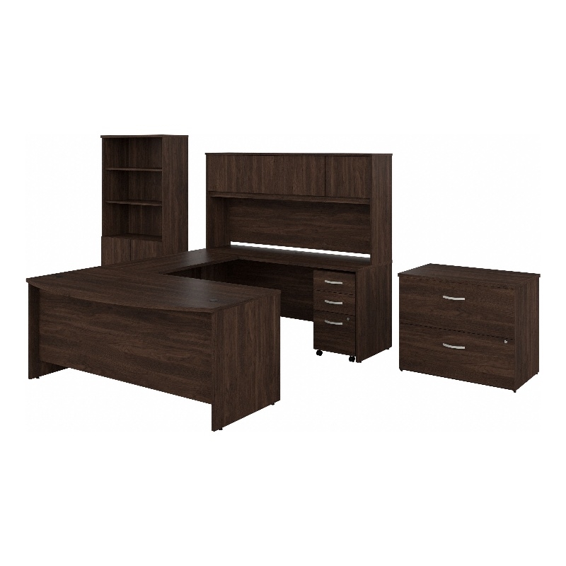Bowery Hill 72W U Desk with Hutch and Storage in Black Walnut - Engineered Wood