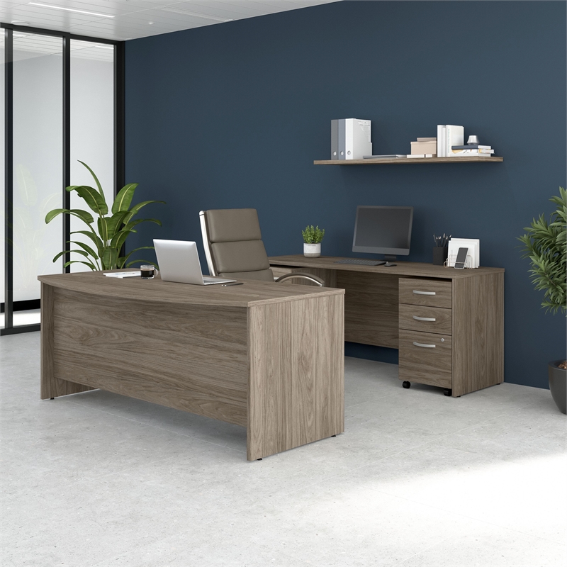 Bowery Hill 72W Desk Set with File Cabinets in Modern Hickory - Engineered Wood