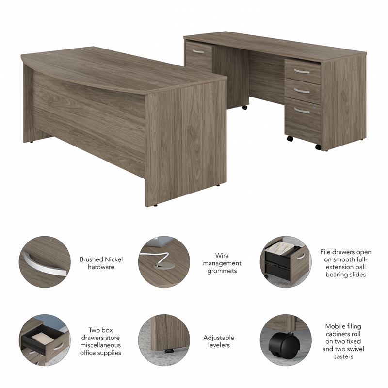 Bowery Hill 72W Desk Set with File Cabinets in Modern Hickory - Engineered Wood