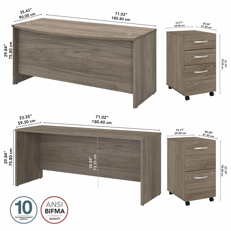 Bowery Hill 72W Desk Set with File Cabinets in Modern Hickory - Engineered Wood