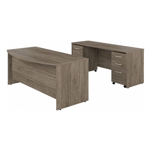 Bowery Hill 72W Desk Set with File Cabinets in Modern Hickory - Engineered Wood