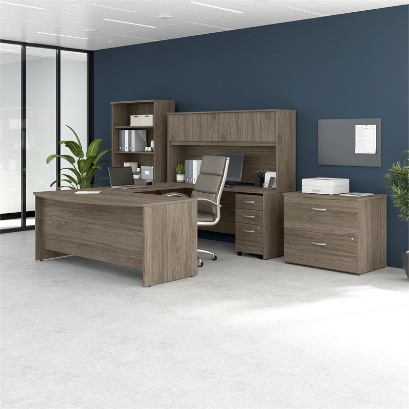 Bowery Hill Engineered Wood 72W U Desk with Hutch and Storage in Modern Hickory