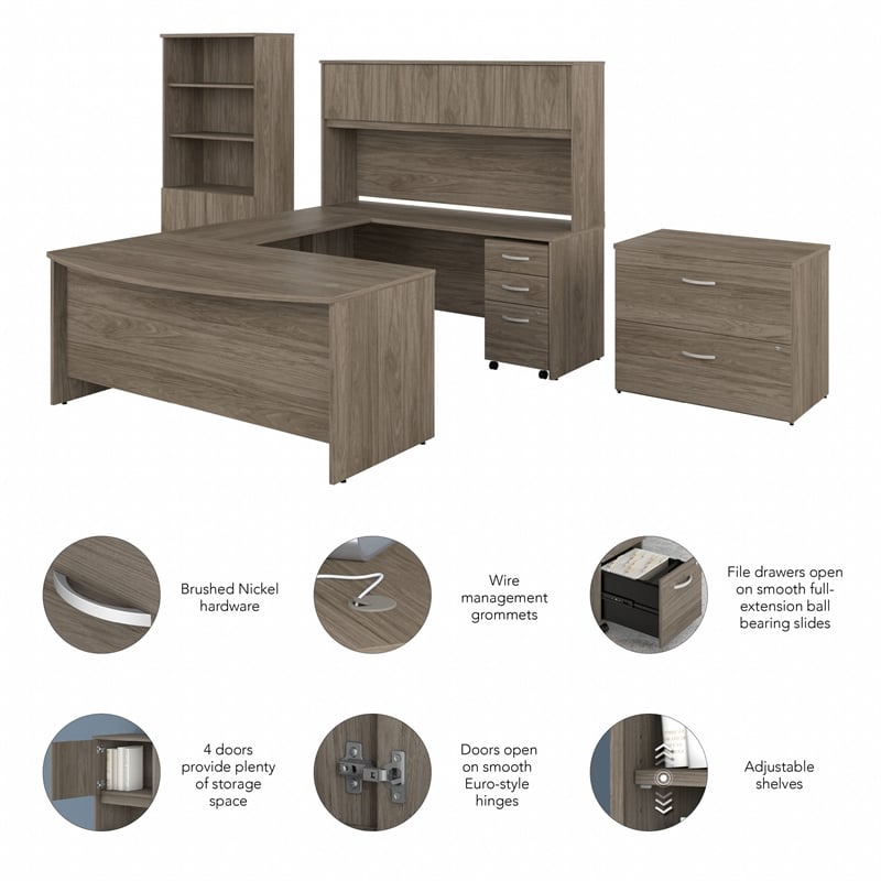 Bowery Hill Engineered Wood 72W U Desk with Hutch and Storage in Modern Hickory