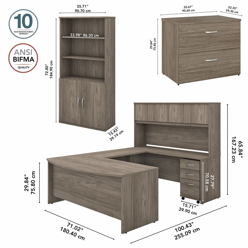 Bowery Hill Engineered Wood 72W U Desk with Hutch and Storage in Modern Hickory