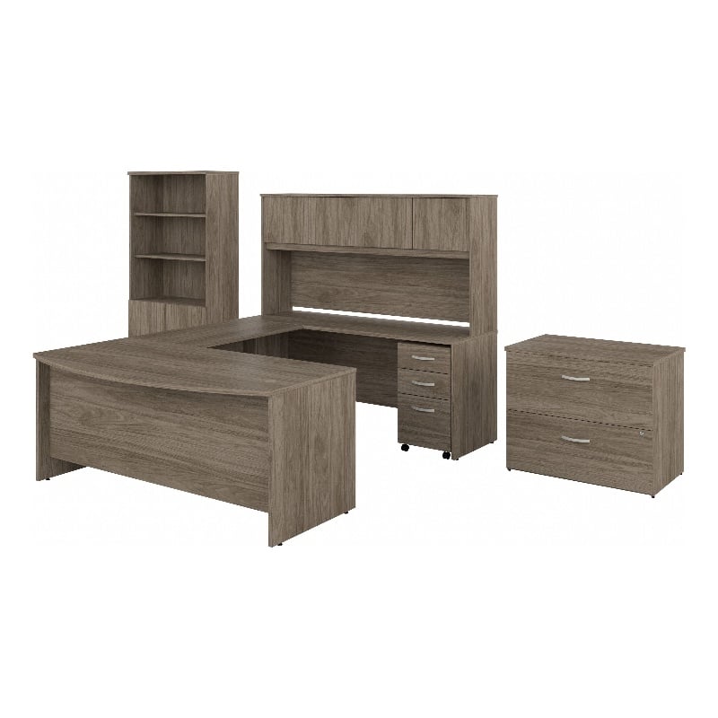 Bowery Hill Engineered Wood 72W U Desk with Hutch and Storage in Modern Hickory