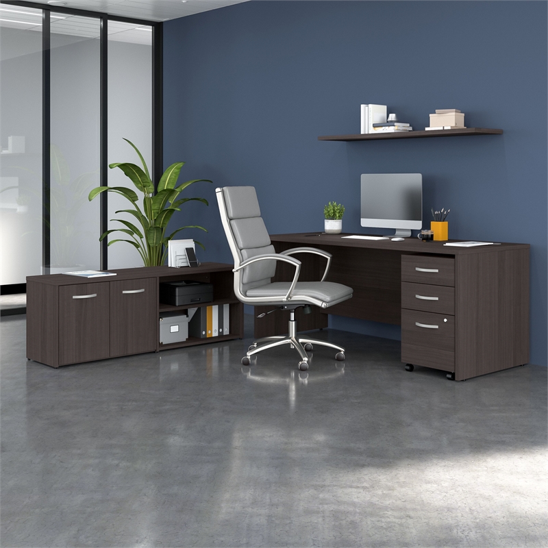 Bowery Hill Engineered Wood 72W Office Desk with Return and Drawers in Gray