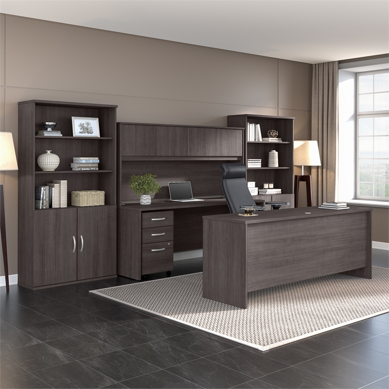 Bowery Hill Engineered Wood 72W Office Desk with Return and Drawers in Gray