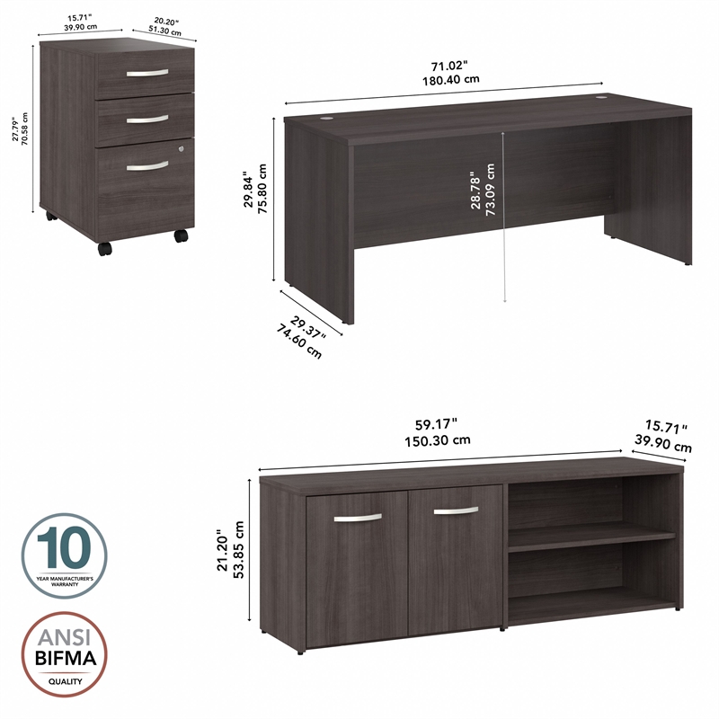 Bowery Hill Engineered Wood 72W Office Desk with Return and Drawers in Gray