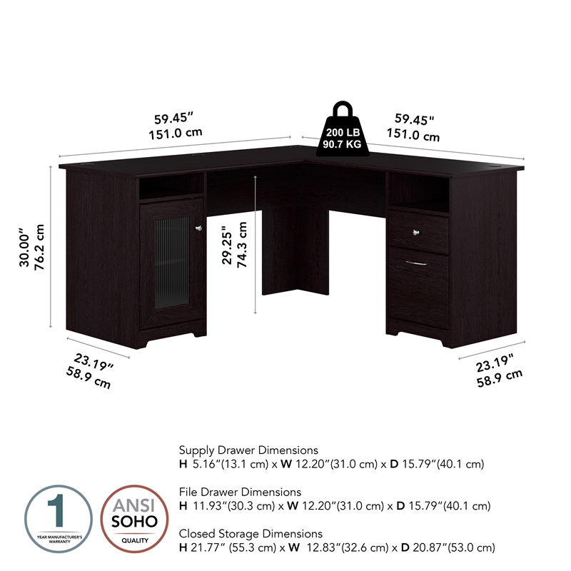 Bowery Hill Engineered Wood 60W L Shaped Computer Desk with Storage in Espresso