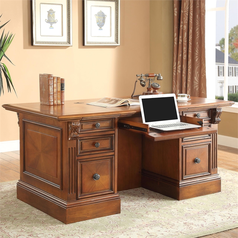 Bowery Hill Traditional Wood Double Pedestal Executive Desk in Brown