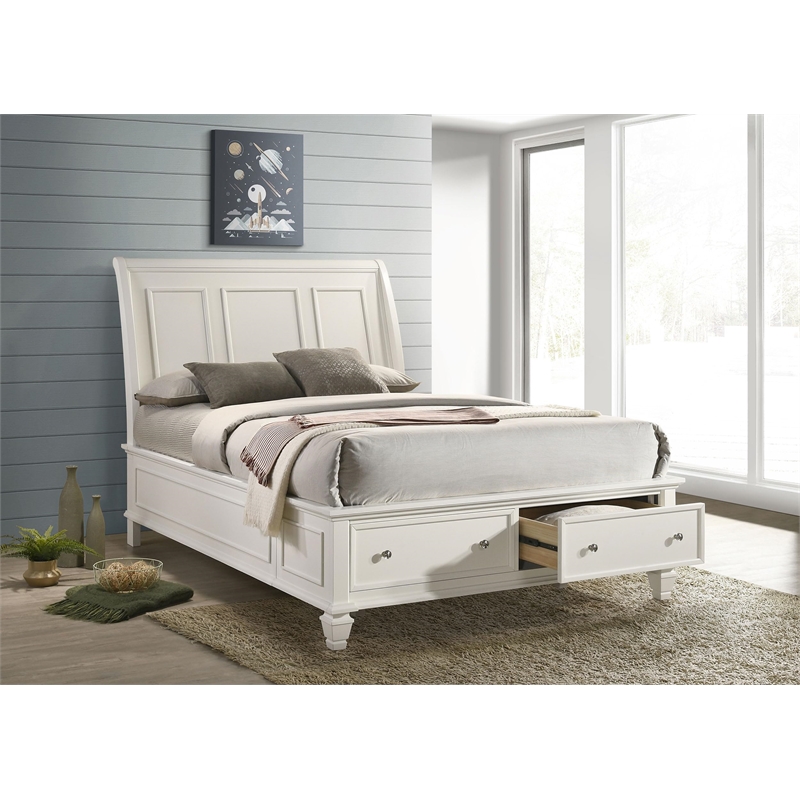 Bowery Hill Coastal Wood Queen Storage Sleigh Bed in White Finish