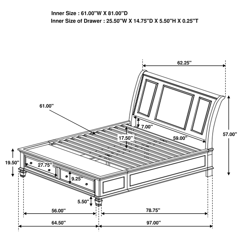 Bowery Hill Coastal Wood Queen Storage Sleigh Bed in White Finish