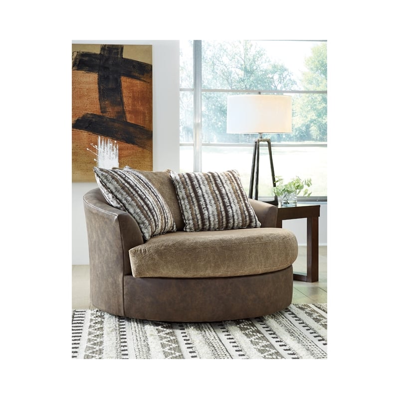 Bowery Hill Oversized Faux Leather Swivel Accent Chair in Brown