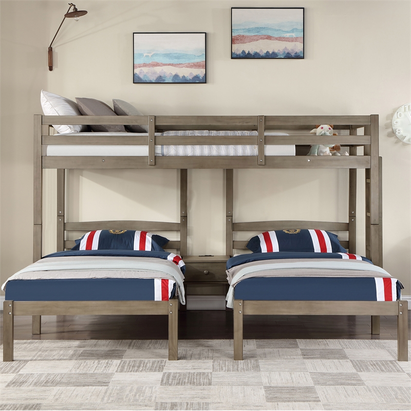 Bowery Hill Wood Triple Twin Bed with Drawer and USBs in Gray