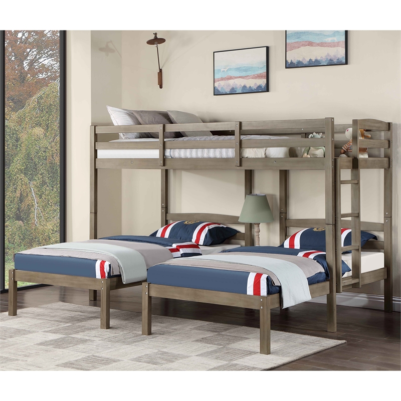 Bowery Hill Wood Triple Twin Bed with Drawer and USBs in Gray