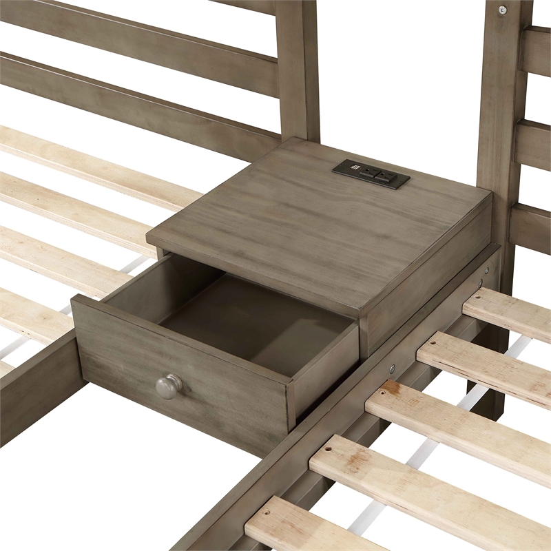 Bowery Hill Wood Triple Twin Bed with Drawer and USBs in Gray
