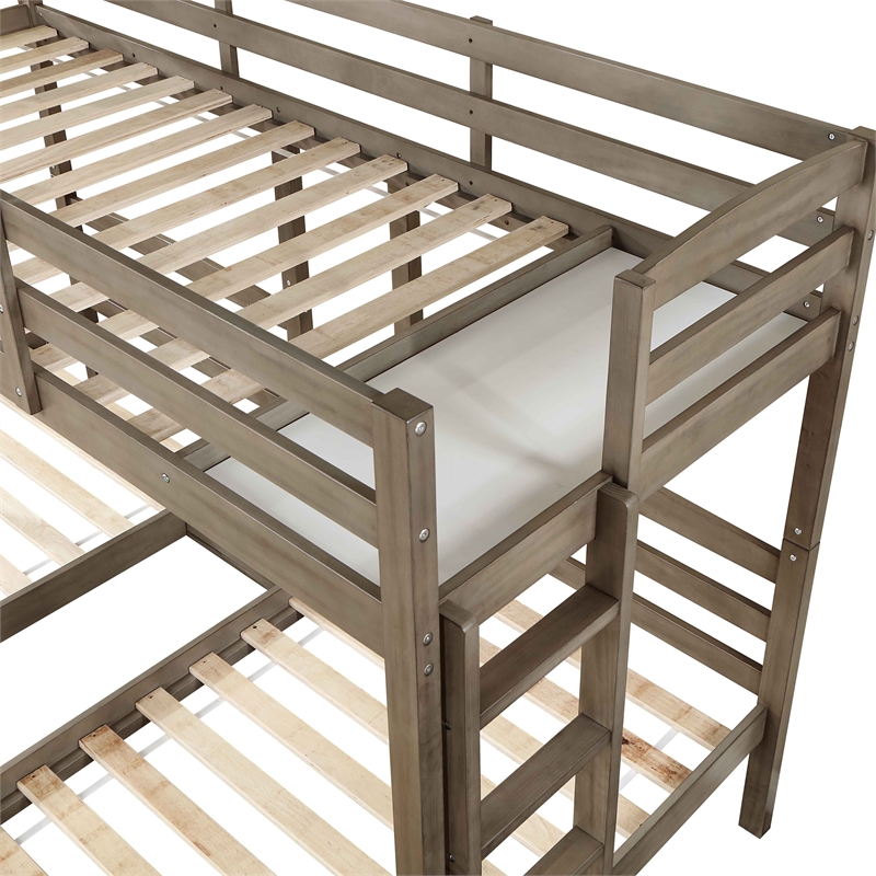 Bowery Hill Wood Triple Twin Bed with Drawer and USBs in Gray