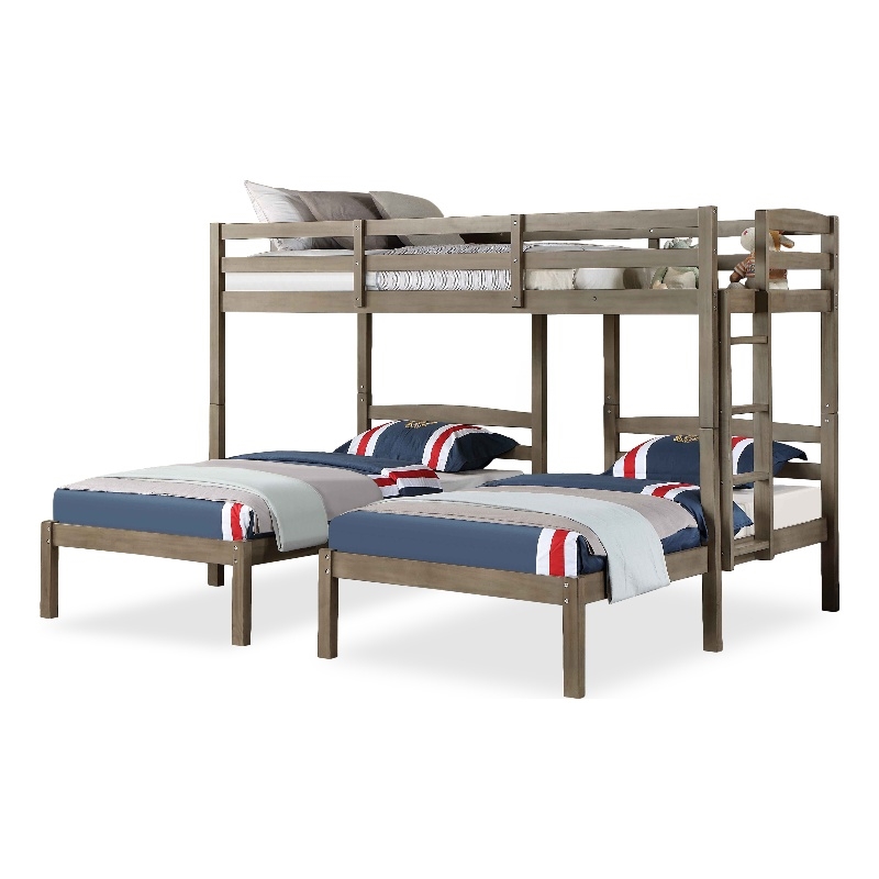 Bowery Hill Wood Triple Twin Bed with Drawer and USBs in Gray