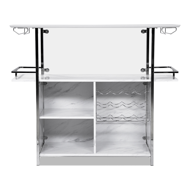 Bowery Hill Faux Marble Wood Multi-Storage Bar Table in White