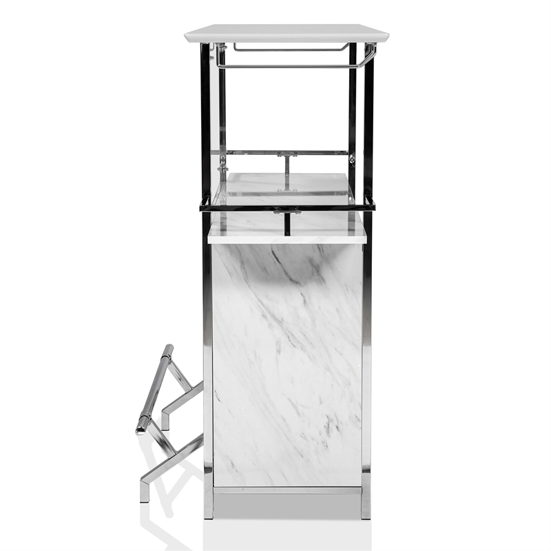 Bowery Hill Faux Marble Wood Multi-Storage Bar Table in White