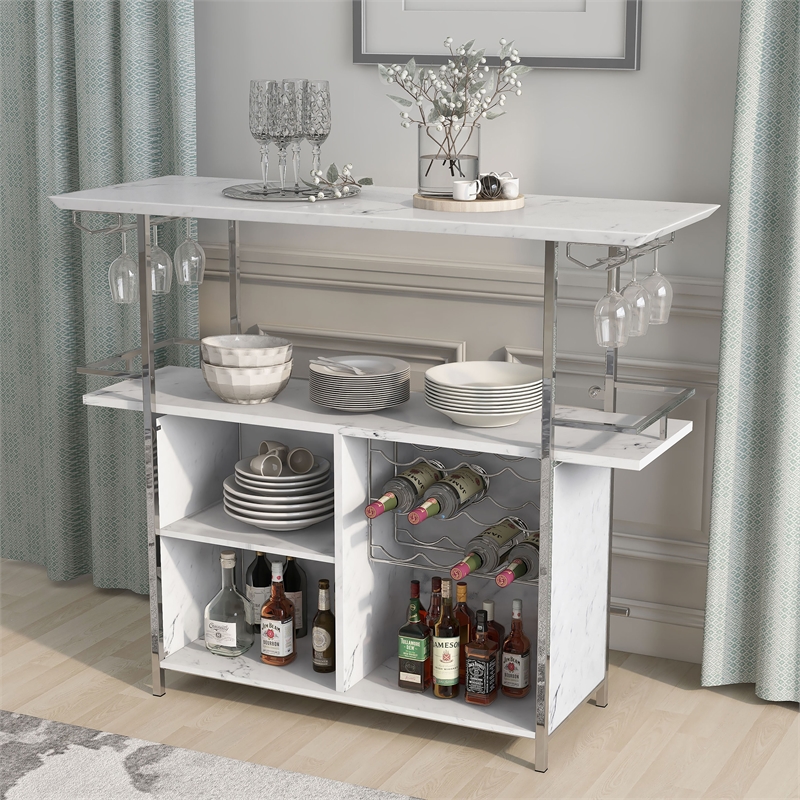 Bowery Hill Faux Marble Wood Multi-Storage Bar Table in White