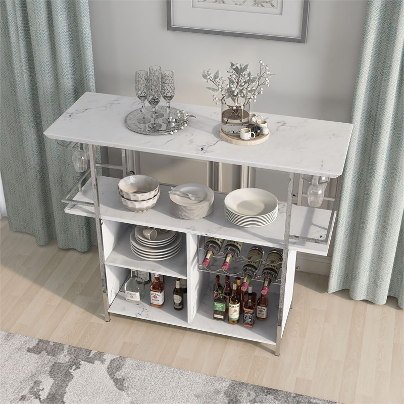 Bowery Hill Faux Marble Wood Multi-Storage Bar Table in White