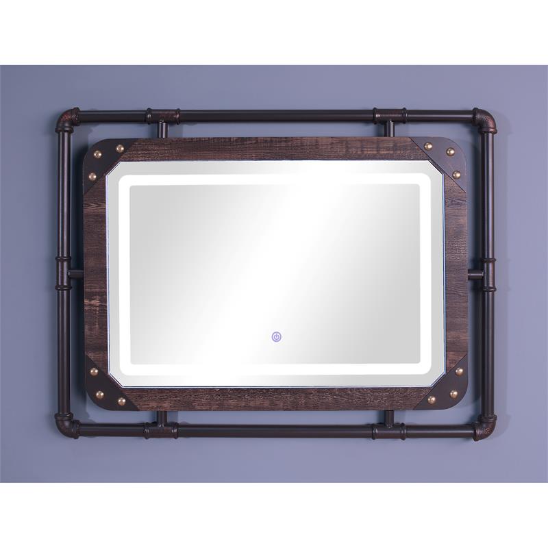 Bowery Hill Modern Metal Wall Mirror with LED Light in Dark Brown