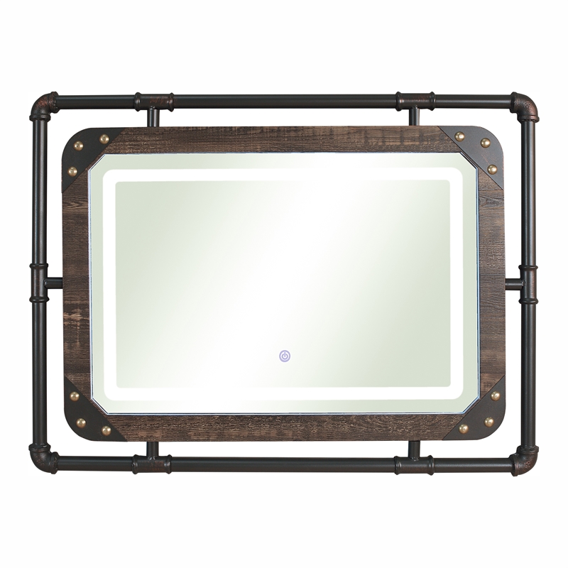 Bowery Hill Modern Metal Wall Mirror with LED Light in Dark Brown