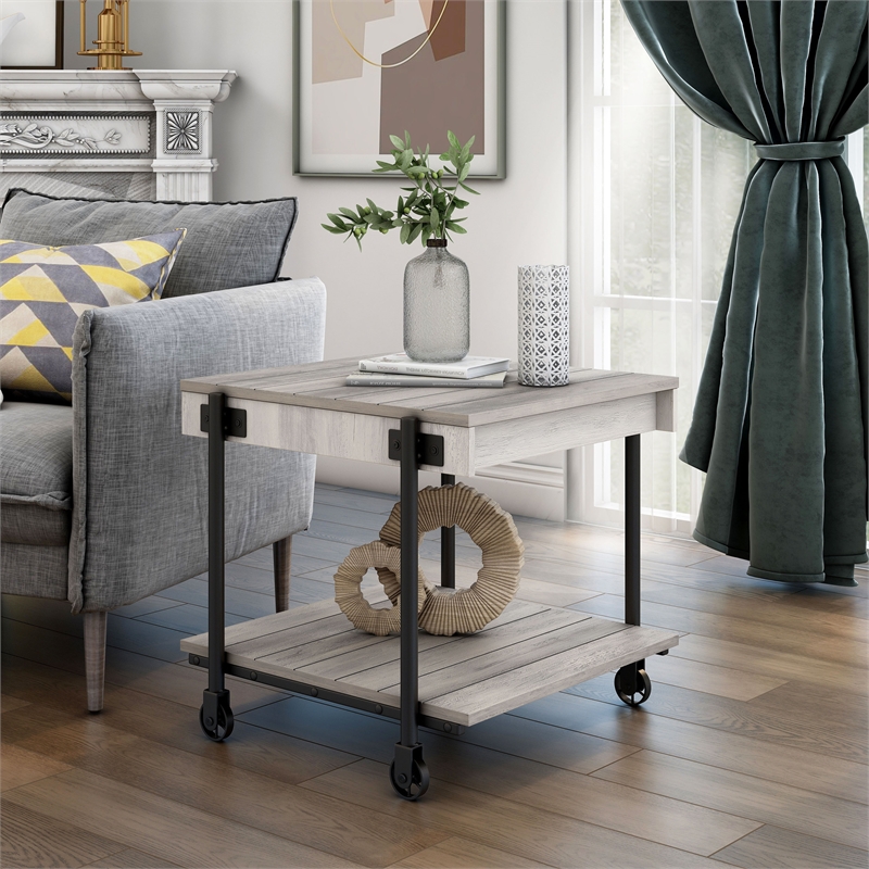 Bowery Hill Modern Wood Natural End Table with Metal Black Wheels
