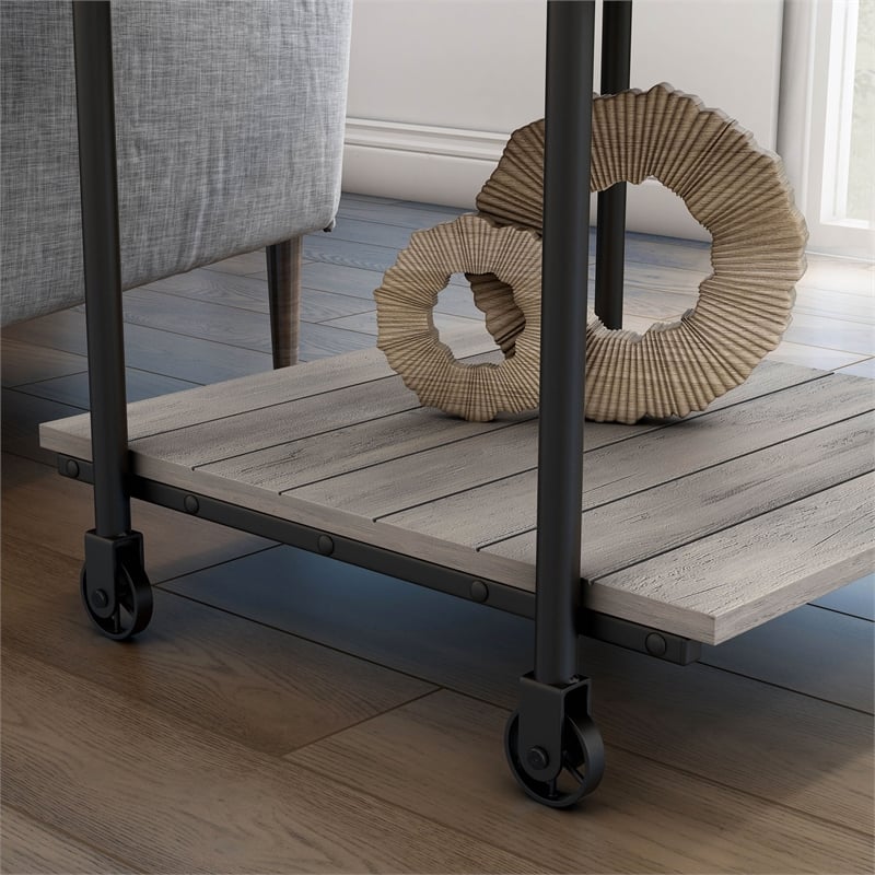Bowery Hill Modern Wood Natural End Table with Metal Black Wheels