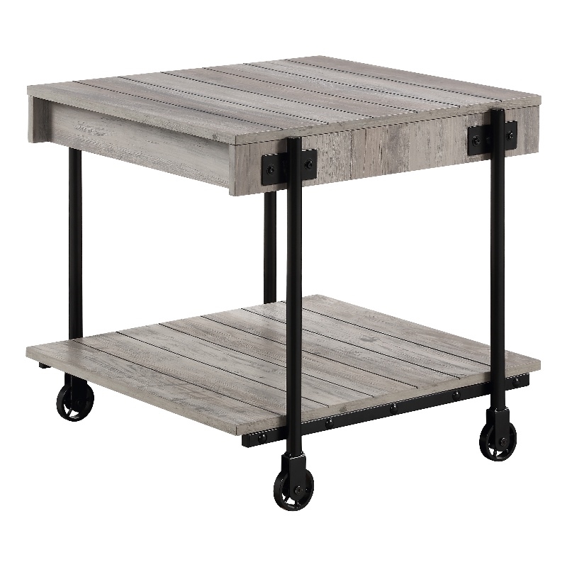 Bowery Hill Modern Wood Natural End Table with Metal Black Wheels