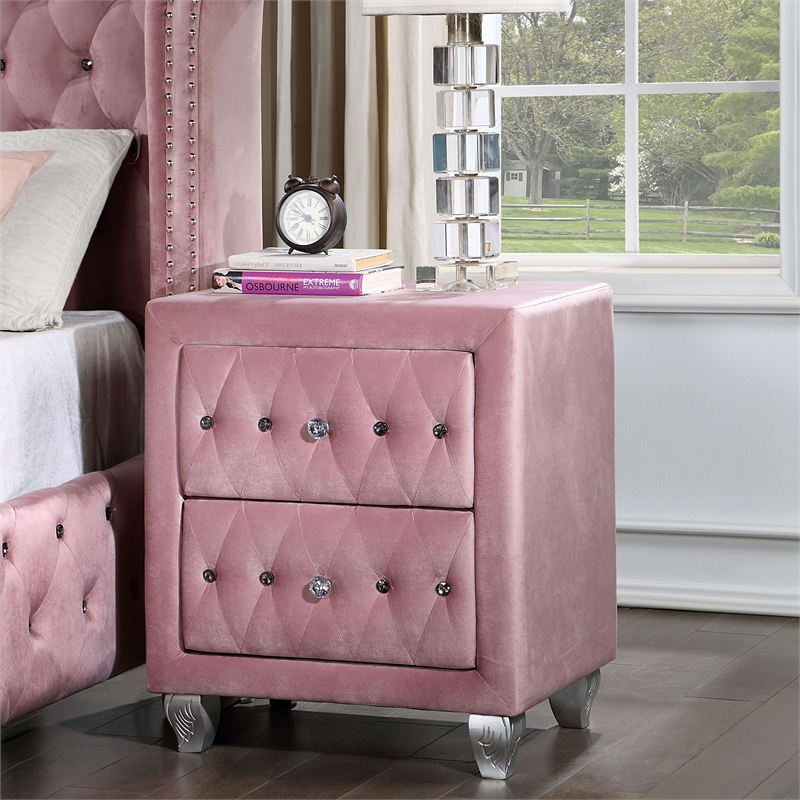 Bowery Hill Modern Fabric Upholstered 2-Drawer Nightstand in Pink