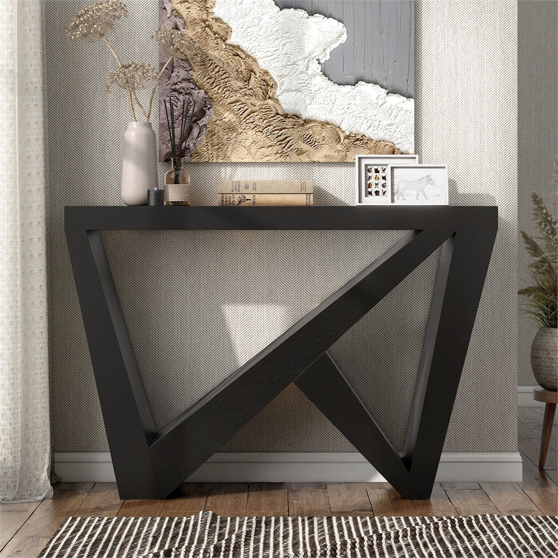 Bowery Hill Wood W-Shaped Legs Console Table in Black Finish